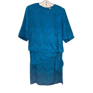 Vintage Argenti Pure Silk Teal Jacquard Dress Ruched Side Knot Size 12